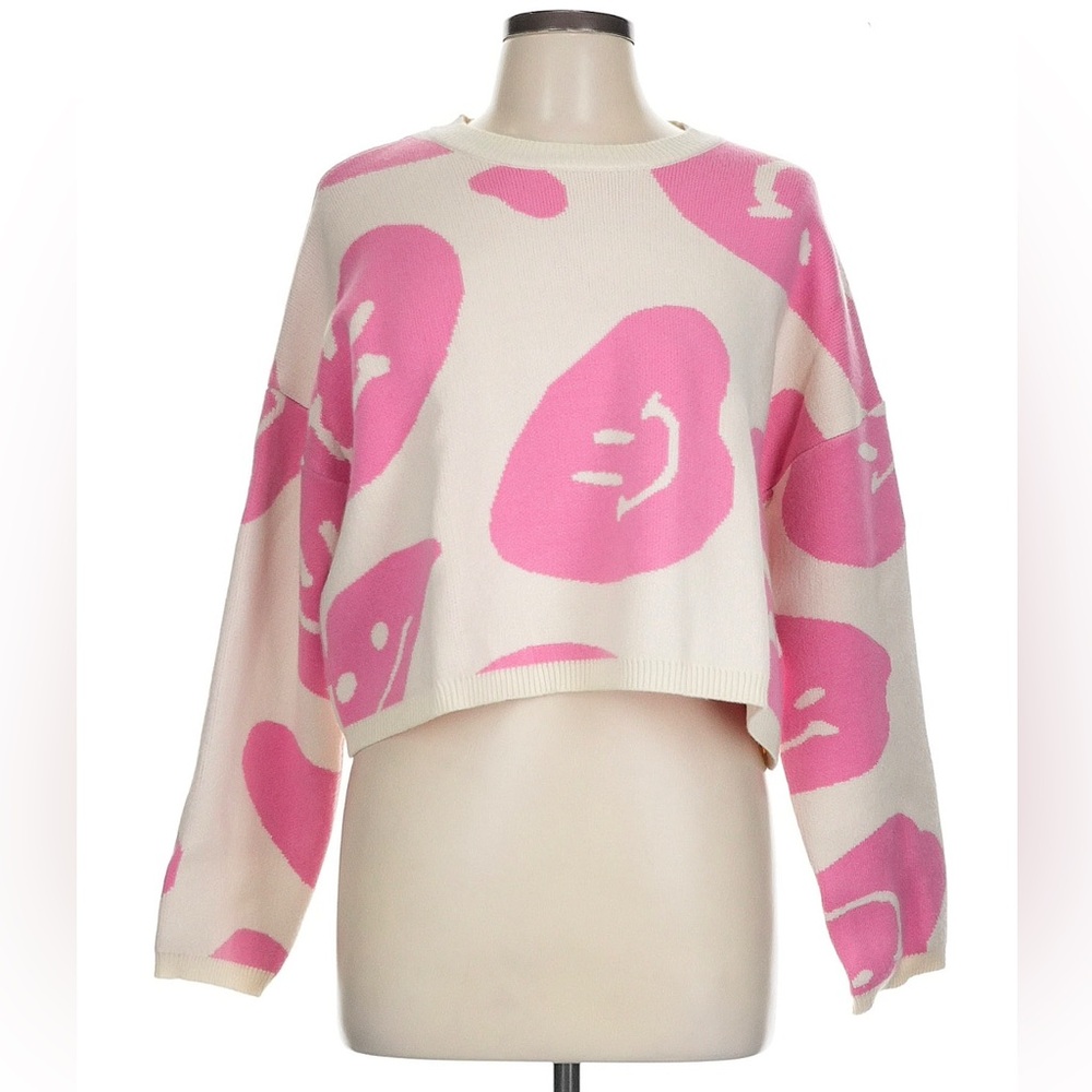 Moon & Madison Cream & Pink Smiley Face Knit Sweater - size L